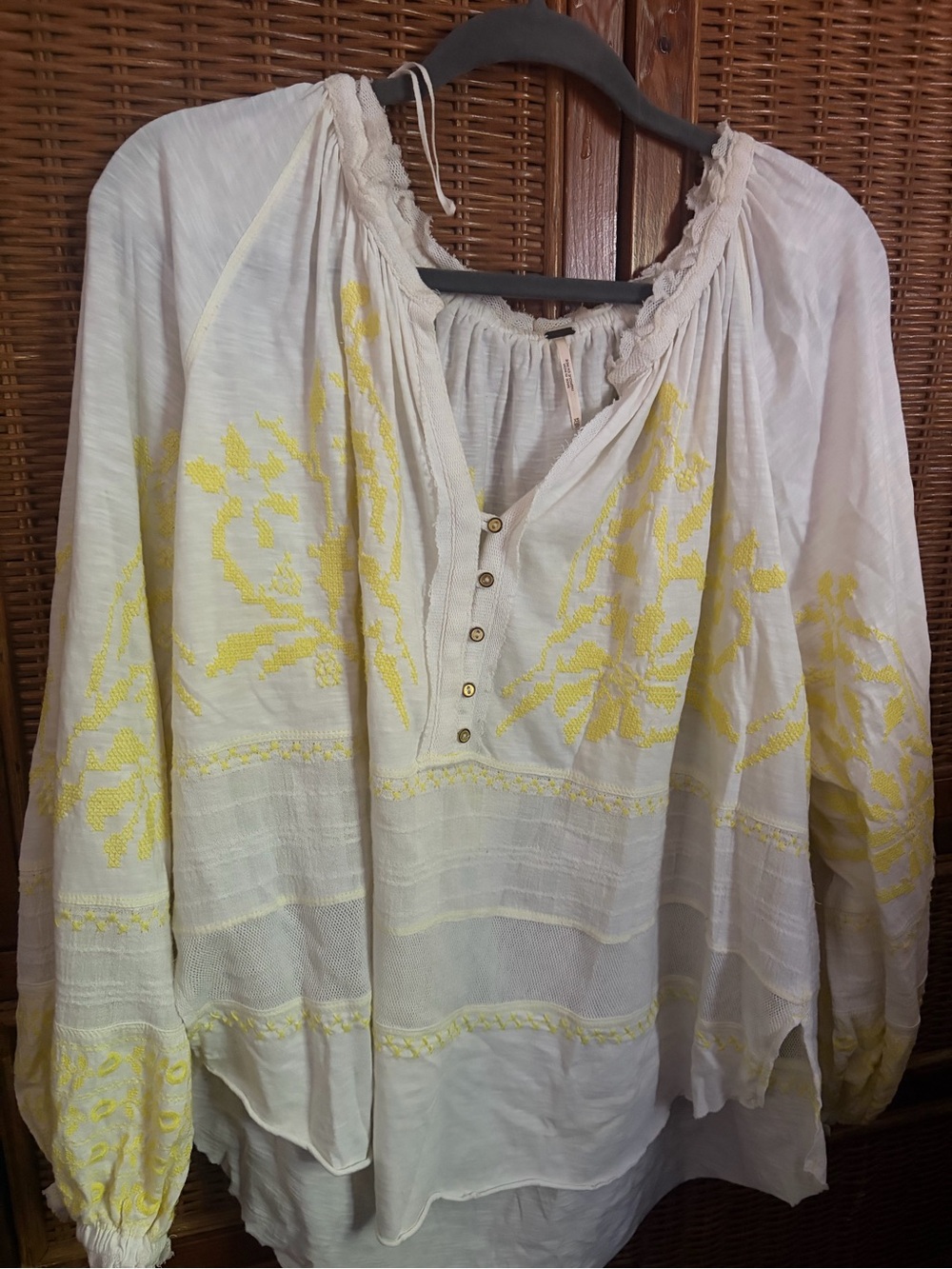 Free People White Tunic with Yellow Floral Embroidery